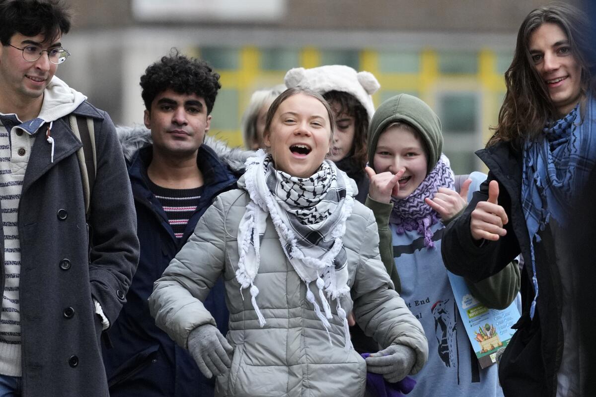 Greta Thunberg speaking at a climate rally in 2025, addressing global climate change policies.