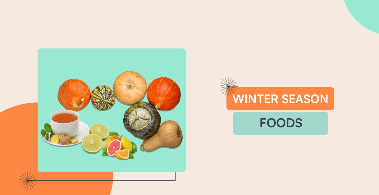 Assorted winter foods including soup, dry fruits, and tea
