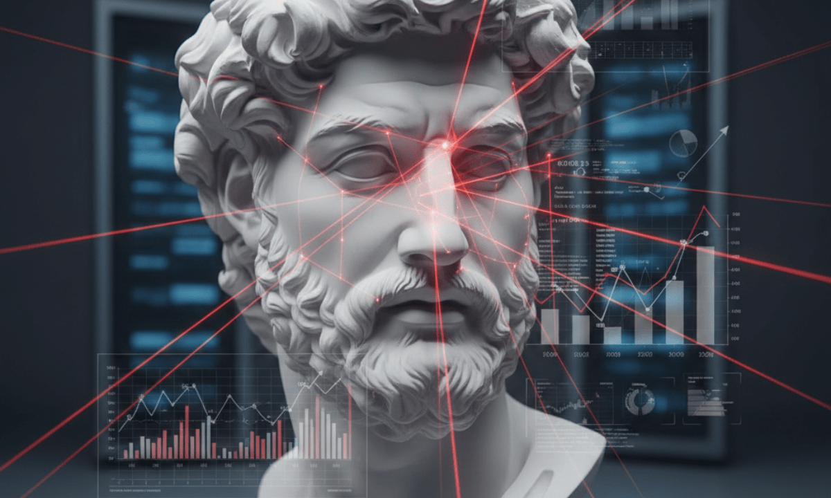 A robotic arm mechanically painting identical, brightly colored, formulaic smiley faces onto a canvas in an assembly line, with digital screens nearby displaying engagement metrics and KPI scores.