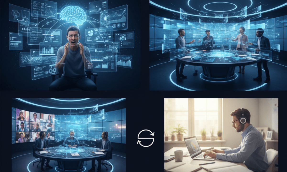 Team participating in a real-time video conference meeting